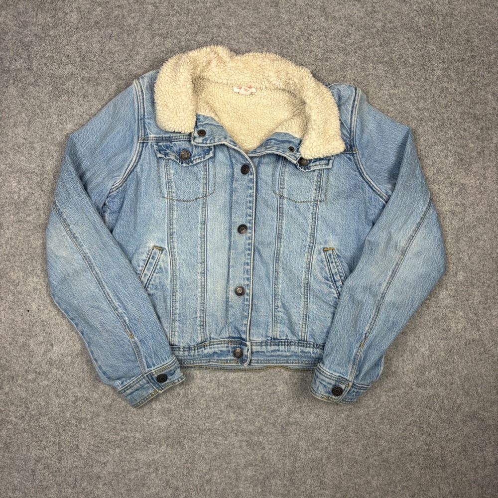 Cat & Jack Girls XL 14/16 Light Wash Denim Faux Shearling Lined Trucker Jacket